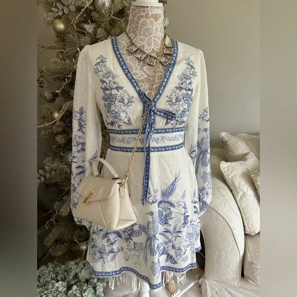 Caroline Constas Ivory and Blue Floral Mini Dress - Picture 6 of 16